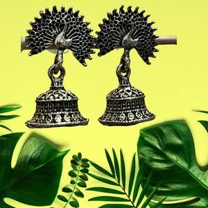 Peacock silver colored oxidized earrings